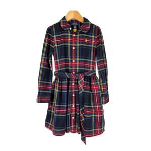POLO RALPH LAUREN GIRL'S BLUE/RED W/ YELLOW/WHITE STRIPES PLAID DRESS  - SIZE 4